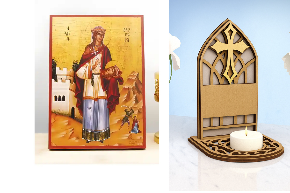 Εικόνα Ορθοδοξίας Καντηλάκι σε  8 χρώματα με περίγραμμα χρυσό σε ξύλο Plywood (Πλακάζ)   με  βάση Αγία Βαρβάρα η Μεγαλομάρτυς Ολόσωμος, Ξύλινη Χειροποίητη Εικόνα Ελληνικού Βυζαντινού Στυλ Κρεμαστή σε ξύλινη πλάκα Θρησκευτικό θέμα Χειροποίητη Ελληνορθόδοξη