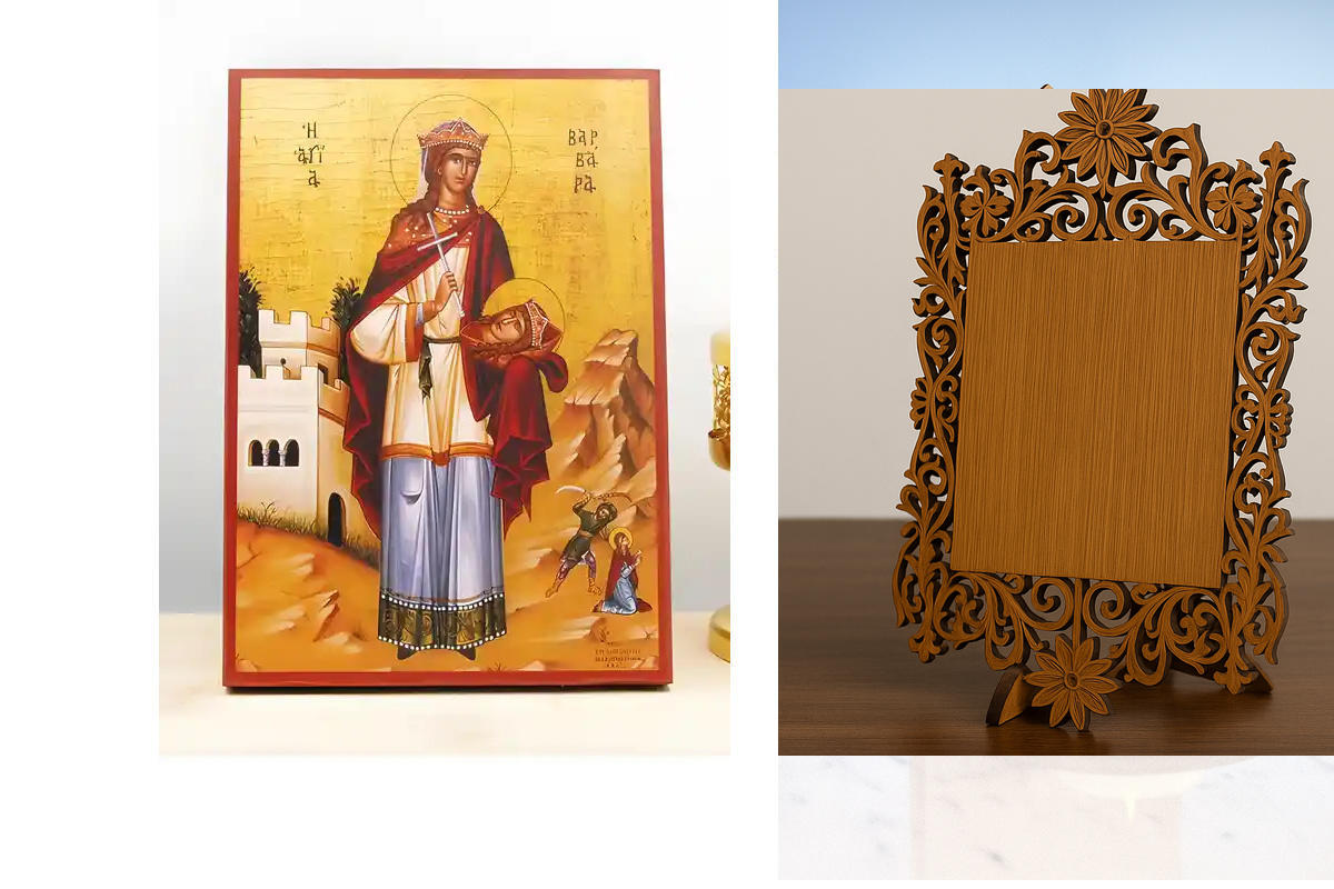 Εικόνα Ορθοδοξίας Δαντέλα μαζι με  Βάση σε  8 χρώματα με περίγραμμα χρυσό σε ξύλο Plywood (Πλακάζ)   με  βάση Αγία Βαρβάρα η Μεγαλομάρτυς Ολόσωμος, Ξύλινη Χειροποίητη Εικόνα Ελληνικού Βυζαντινού Στυλ Κρεμαστή σε ξύλινη πλάκα Θρησκευτικό θέμα Χειροποίητη Ε