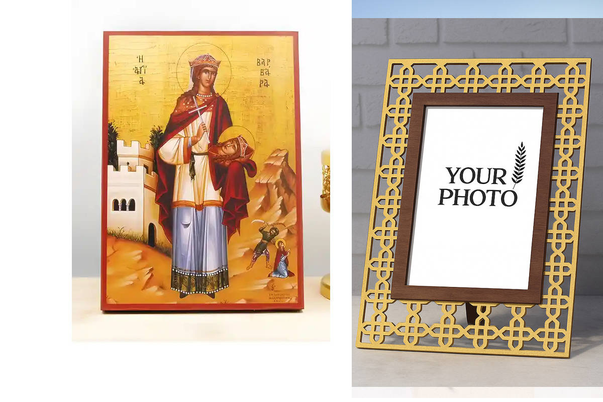 Εικόνα Ορθοδοξίας Πολυτελείας  με  σχεδιο Σταυρούς μαζι με  Βάση σε  8 χρώματα με περίγραμμα χρυσό σε ξύλο Plywood (Πλακάζ)   με  βάση Αγία Βαρβάρα η Μεγαλομάρτυς Ολόσωμος, Ξύλινη Χειροποίητη Εικόνα Ελληνικού Βυζαντινού Στυλ Κρεμαστή σε ξύλινη πλάκα Θρησκ