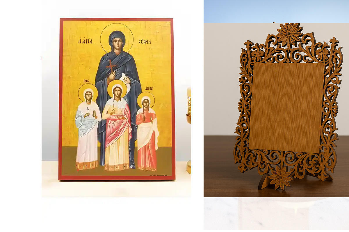 Εικόνα Ορθοδοξίας Δαντέλα μαζι με  Βάση σε  8 χρώματα με περίγραμμα χρυσό σε ξύλο Plywood (Πλακάζ)   με  βάση Η Αγία Σοφία της Ρώμης με τις τρεις Κόρες, Ξύλινη Χειροποίητη Εικόνα Ελληνικού Βυζαντινού Στυλ Κρεμασμένη σε ξύλινη πλάκα Θρησκευτικό Θέμα Χειροπ