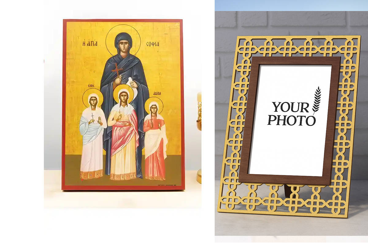 Εικόνα Ορθοδοξίας Πολυτελείας  με  σχεδιο Σταυρούς μαζι με  Βάση σε  8 χρώματα με περίγραμμα χρυσό σε ξύλο Plywood (Πλακάζ)   με  βάση Η Αγία Σοφία της Ρώμης με τις τρεις Κόρες, Ξύλινη Χειροποίητη Εικόνα Ελληνικού Βυζαντινού Στυλ Κρεμασμένη σε ξύλινη πλάκ