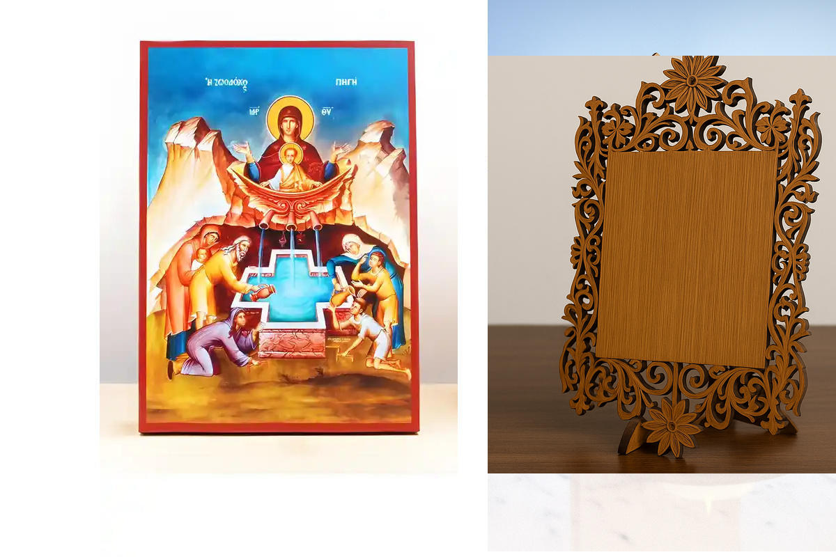 Εικόνα Ορθοδοξίας Δαντέλα μαζι με  Βάση σε  8 χρώματα με περίγραμμα χρυσό σε ξύλο Plywood (Πλακάζ)   με  βάση Παναγία η Ζωοδόχος Πηγή με τον Ιησού Μπλε, Ξύλινη Χειροποίητη Εικόνα Ελληνικού Premium Βυζαντινού Στυλ Κρεμασμένο σε Ξυλόπλακα Θρησκευτικό Χειροπ