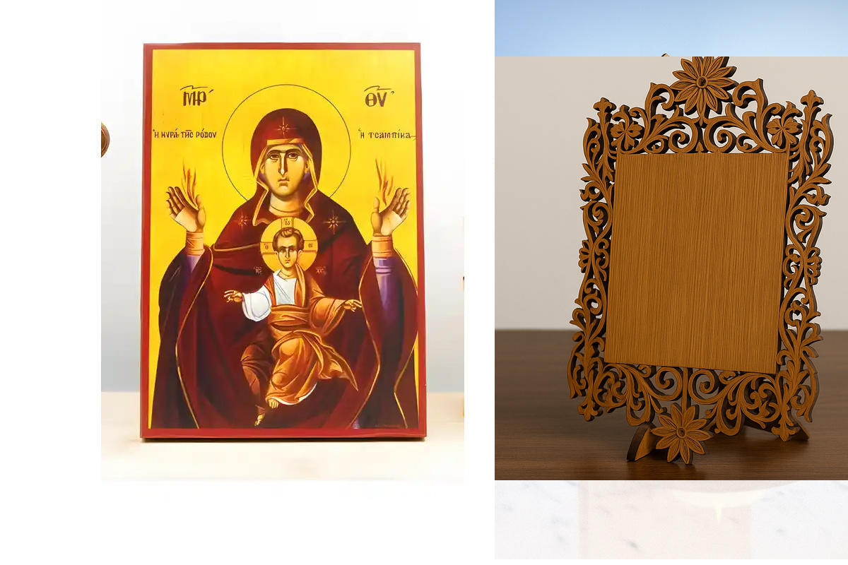 Εικόνα Ορθοδοξίας Δαντέλα μαζι με  Βάση σε  8 χρώματα με περίγραμμα χρυσό σε ξύλο Plywood (Πλακάζ)   με  βάση Παναγία η Παναγία Τσαμπίκα η Κυρία της Ρόδου με τον Ιησού, Ξύλινη Χειροποίητη Εικόνα Ελληνικού Βυζαντινού Στυλ υψηλής ποιότητας Κρεμασμένη σε ξύλ