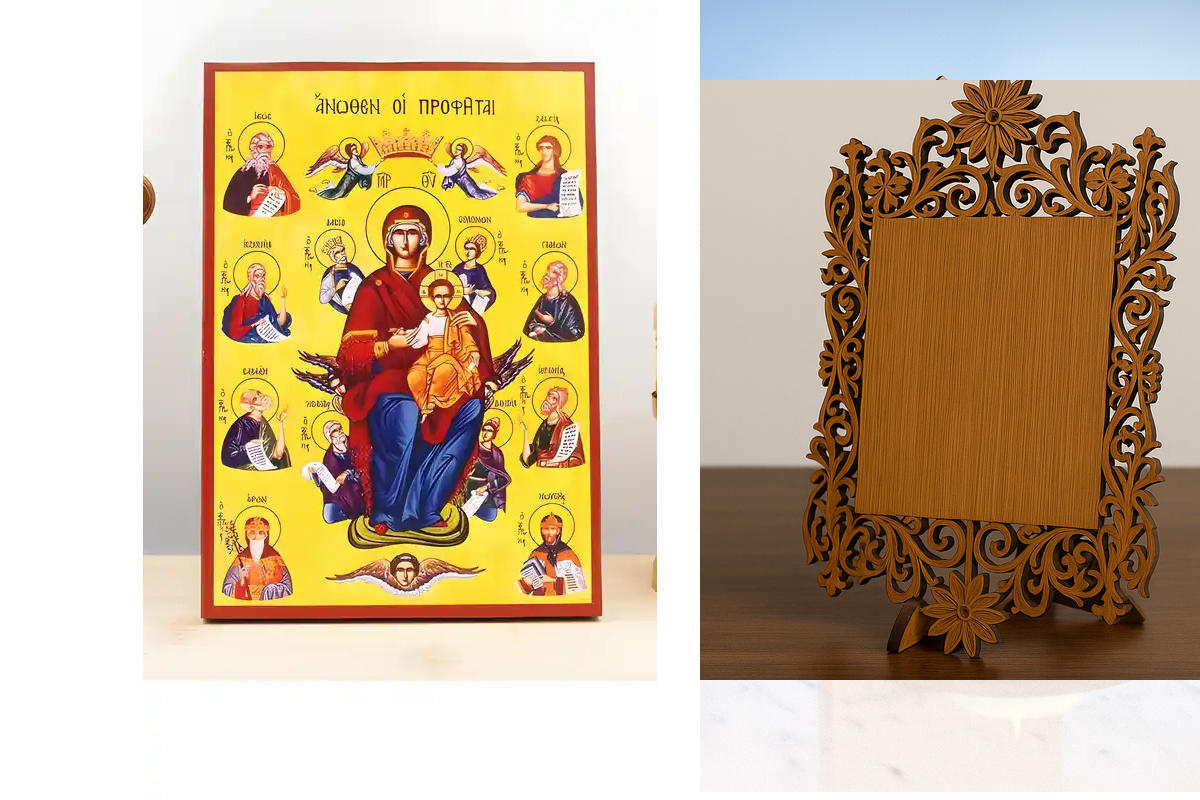 Σετ 2 τεμαχίων – Εικόνα Ορθοδοξίας Δαντέλα μαζι με  Βάση σε  8 χρώματα με περίγραμμα χρυσό σε ξύλο Plywood (Πλακάζ)   με  βάση Η Παναγία με τον Ιησού τους Προφήτες από πάνω, Ξύλινη Χειροποίητη Εικόνα Ελληνικού Premium Βυζαντινού Στυλ τοίχου Κρεμασμένη σε