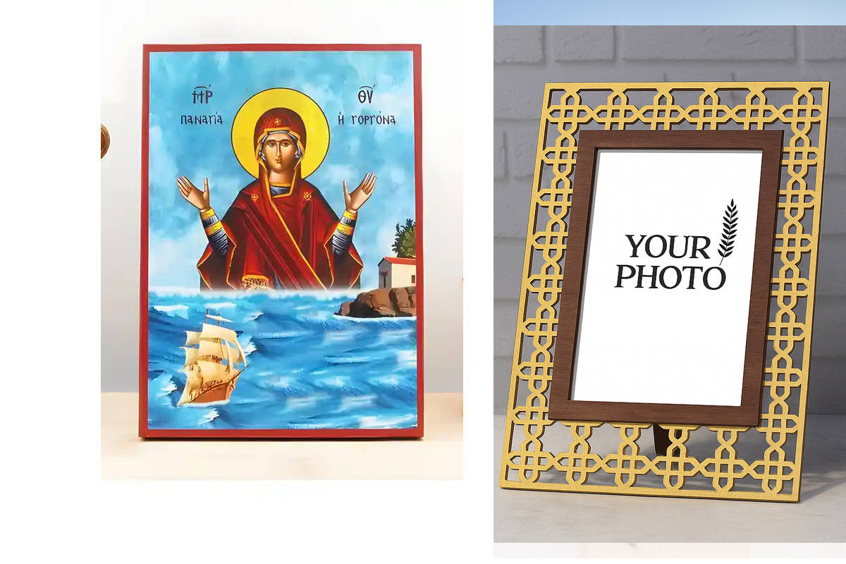 Εικόνα Ορθοδοξίας Πολυτελείας  με  σχεδιο Σταυρούς μαζι με  Βάση σε  8 χρώματα με περίγραμμα χρυσό σε ξύλο Plywood (Πλακάζ)   με  βάση Παναγία η Γοργόνα, Ξύλινη Χειροποίητη Εικόνα Ελληνικού Premium Βυζαντινού Στυλ Κρεμαστή σε ξύλινη πλάκα Θρησκευτικό θέμα