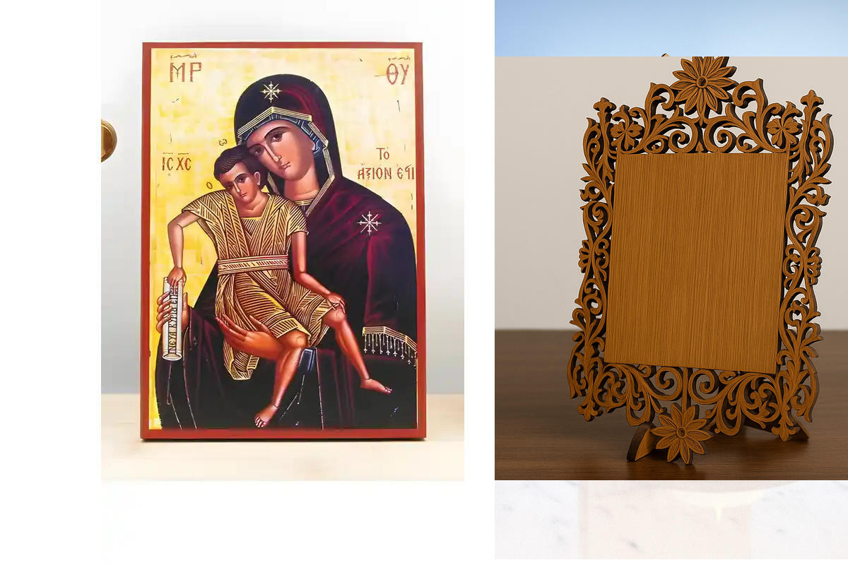 Εικόνα Ορθοδοξίας Δαντέλα μαζι με  Βάση σε  8 χρώματα με περίγραμμα χρυσό σε ξύλο Plywood (Πλακάζ)   με  βάση Παναγία Άξιον Εστί με τον Ιησού, Ξύλινη Χειροποίητη Εικόνα Ελληνικού Βυζαντινού Στυλ Κρεμασμένη σε ξύλινη πλάκα Χειροποίητη Ελληνορθόδοξη εικόνα