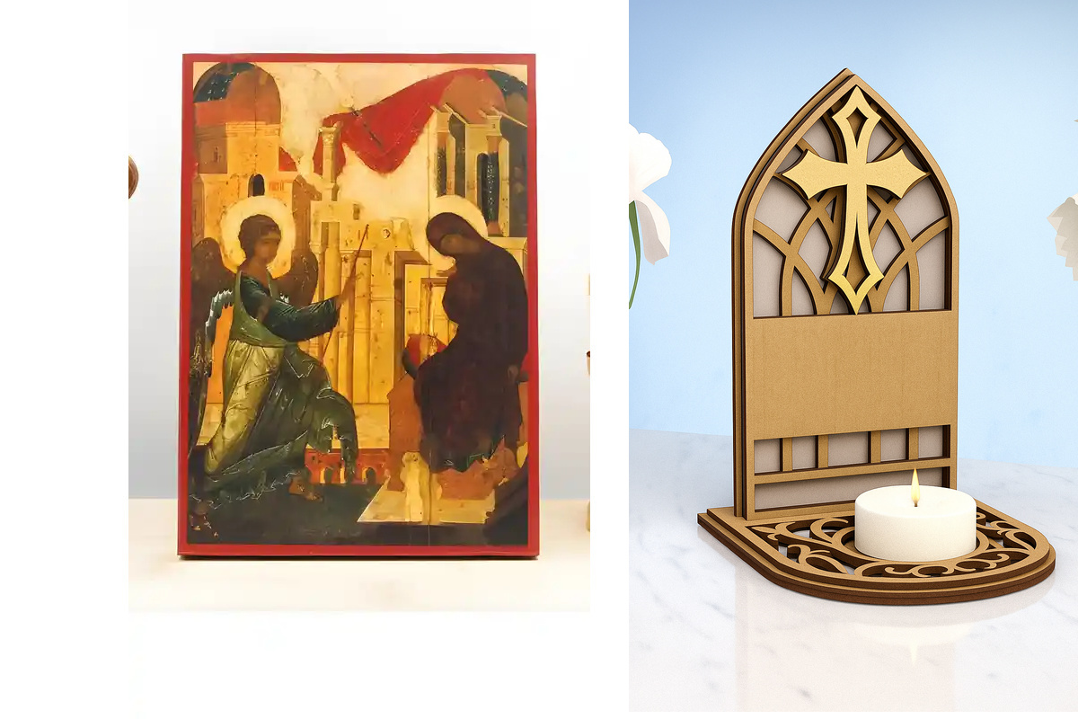 Εικόνα Ορθοδοξίας Καντηλάκι σε  8 χρώματα με περίγραμμα χρυσό σε ξύλο Plywood (Πλακάζ)   με  βάση Ο Ευαγγελισμός της Θεοτόκου Παλιάς τεχνοτροπίας, Ξύλινη Χειροποίητη Εικόνα Ελληνικού Premium Βυζαντινού Στυλ Κρεμαστή σε ξύλινη πλάκα Θρησκευτικό θέμα Χειροπ