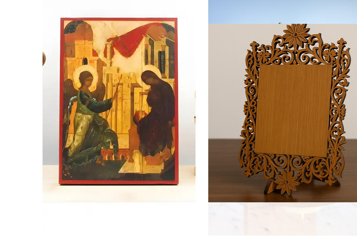 Σετ 2 τεμαχίων – Εικόνα Ορθοδοξίας Δαντέλα μαζι με  Βάση σε  8 χρώματα με περίγραμμα χρυσό σε ξύλο Plywood (Πλακάζ)   με  βάση Ο Ευαγγελισμός της Θεοτόκου Παλιάς τεχνοτροπίας, Ξύλινη Χειροποίητη Εικόνα Ελληνικού Premium Βυζαντινού Στυλ Κρεμαστή σε ξύλινη