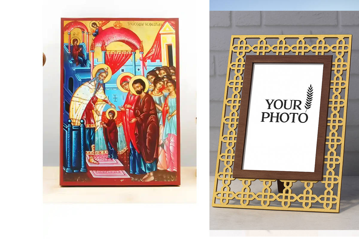 Σετ 2 τεμαχίων – Εικόνα Ορθοδοξίας Πολυτελείας  με  σχεδιο Σταυρούς μαζι με  Βάση σε  8 χρώματα με περίγραμμα χρυσό σε ξύλο Plywood (Πλακάζ)   με  βάση Η είσοδος της Παναγίας στο Ναό, Ξύλινη Χειροποίητη Εικόνα Ελληνικού Premium Βυζαντινού Στυλ Κρεμαστή σε