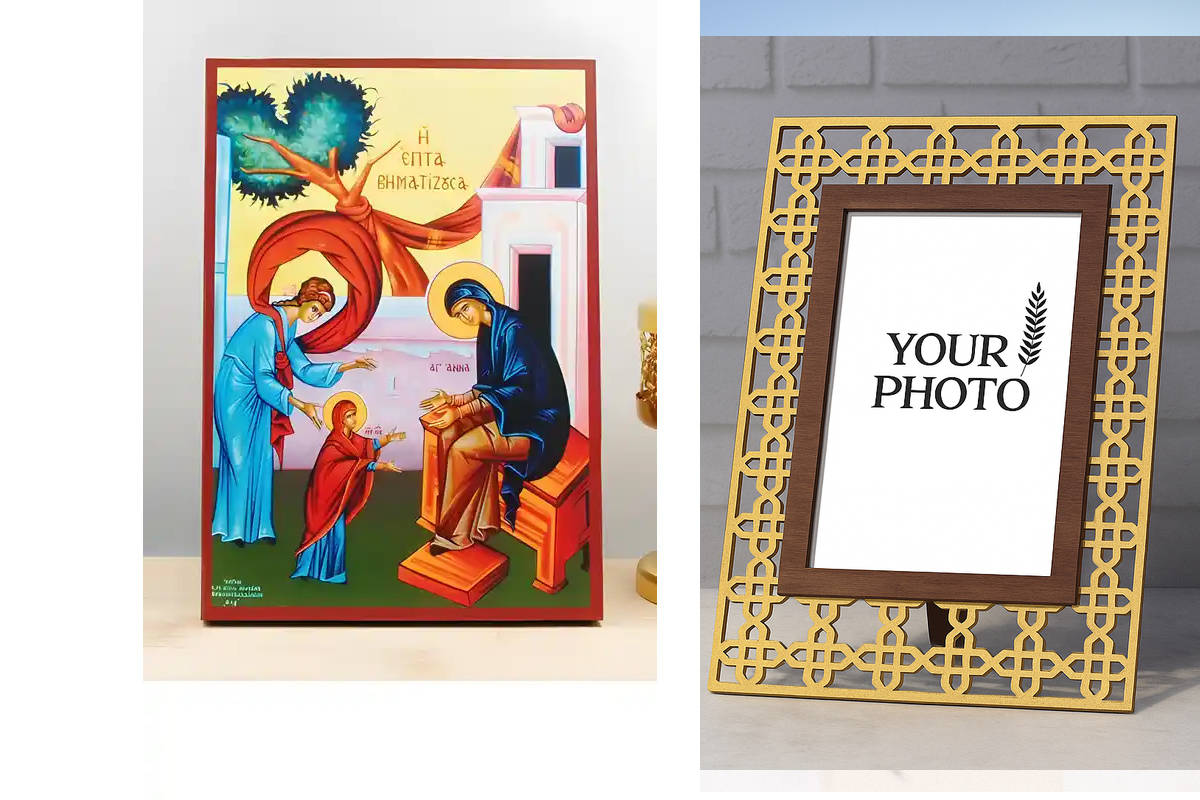 Εικόνα Ορθοδοξίας Πολυτελείας  με  σχεδιο Σταυρούς μαζι με  Βάση σε  8 χρώματα με περίγραμμα χρυσό σε ξύλο Plywood (Πλακάζ)   με  βάση Πρώτα Βήματα της Παναγίας "Επτά Βήματα", Ξύλινη Χειροποίητη Εικόνα Ελληνικής Premium Βυζαντινού Στυλ Κρεμαστή σε Ξύλινη