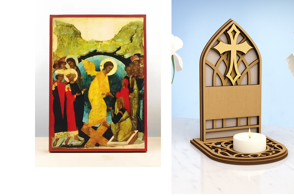 Εικόνα Ορθοδοξίας Καντηλάκι σε  8 χρώματα με περίγραμμα χρυσό σε ξύλο Plywood (Πλακάζ)   με  βάση Ο Ιησούς Χριστός Κάθοδος στην Κόλαση Παλιό Στυλ, Ξύλινη Χειροποίητη Εικόνα Ελληνικού Βυζαντινού Στυλ τοίχου Κρεμασμένη σε ξύλινη πλάκα Ορθόδοξη Θρησκευτική Χ