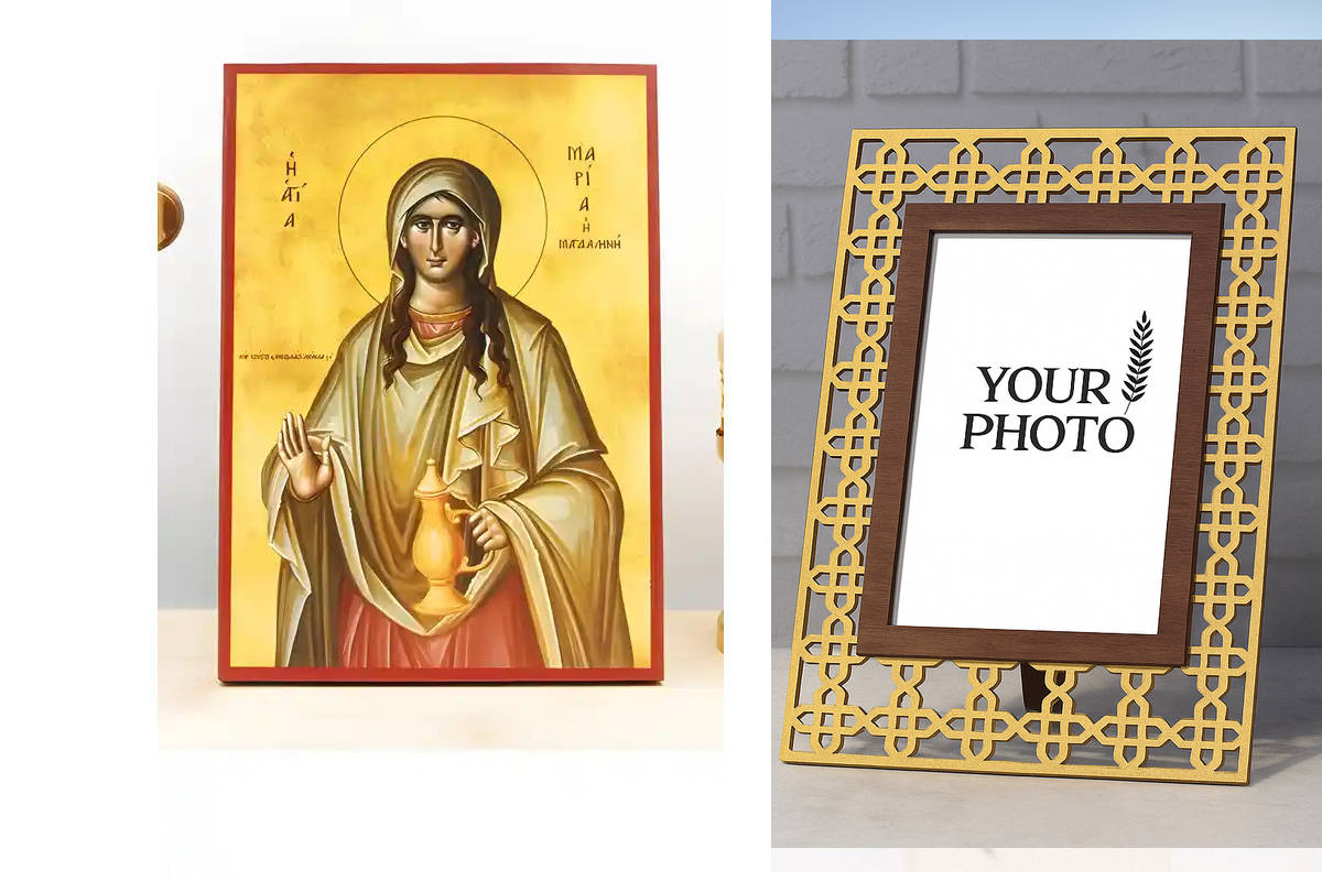 Εικόνα Ορθοδοξίας Πολυτελείας  με  σχεδιο Σταυρούς μαζι με  Βάση σε  8 χρώματα με περίγραμμα χρυσό σε ξύλο Plywood (Πλακάζ)   με  βάση Αγία Μαρία Μαγδαληνή, Ξύλινη Χειροποίητη Εικόνα Ελληνικού Βυζαντινού Στυλ Κρεμαστή σε ξύλινη πλάκα Χειροποίητη Ελληνορθό