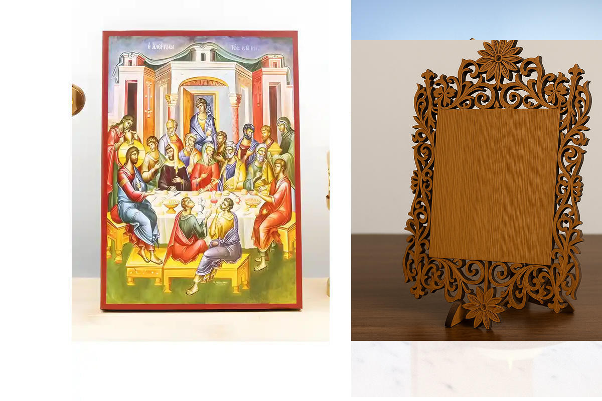 Εικόνα Ορθοδοξίας Δαντέλα μαζι με  Βάση σε  8 χρώματα με περίγραμμα χρυσό σε ξύλο Plywood (Πλακάζ)   με  βάση Ιησούς Χριστός Χρισμένος από την Αμαρτωλή Γυναίκα, Ξύλινη Χειροποίητη Εικόνα Ελληνικού Βυζαντινού Στυλ τοίχου Κρεμασμένη σε ξύλινη πλάκα Θρησκευτ