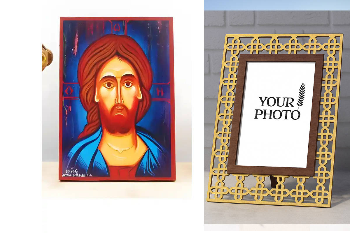 Εικόνα Ορθοδοξίας Πολυτελείας  με  σχεδιο Σταυρούς μαζι με  Βάση σε  8 χρώματα με περίγραμμα χρυσό σε ξύλο Plywood (Πλακάζ)   με  βάση Πορτραίτο Ηλικιωμένου Ιησού Χριστού, Ξύλινη Χειροποίητη Εικόνα Ελληνικού Premium Βυζαντινού Στυλ Κρεμασμένο σε ξύλινη πλ