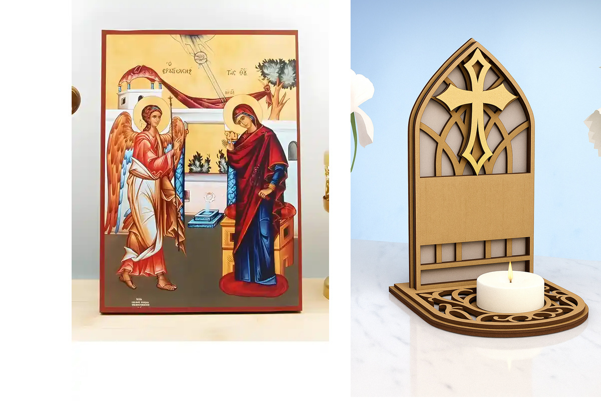 Εικόνα Ορθοδοξίας Καντηλάκι σε  8 χρώματα με περίγραμμα χρυσό σε ξύλο Plywood (Πλακάζ)   με  βάση Ο Ευαγγελισμός της Θεοτόκου, Ξύλινη Χειροποίητη Εικόνα Ελληνικού Premium Βυζαντινού Στυλ Κρεμαστή σε ξύλινη πλάκα Θρησκευτικό θέμα Χειροποίητη Ελληνορθόδοξη