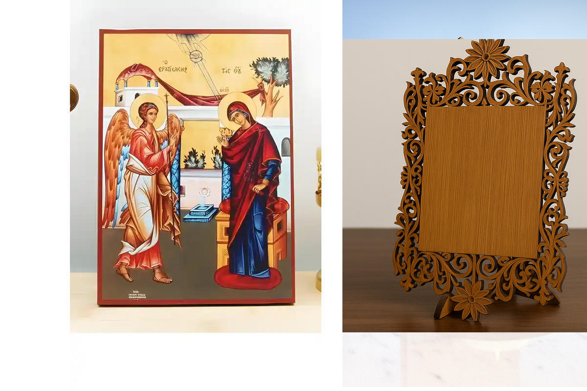 Σετ 2 τεμαχίων – Εικόνα Ορθοδοξίας Δαντέλα μαζι με  Βάση σε  8 χρώματα με περίγραμμα χρυσό σε ξύλο Plywood (Πλακάζ)   με  βάση Ο Ευαγγελισμός της Θεοτόκου, Ξύλινη Χειροποίητη Εικόνα Ελληνικού Premium Βυζαντινού Στυλ Κρεμαστή σε ξύλινη πλάκα Θρησκευτικό θέ