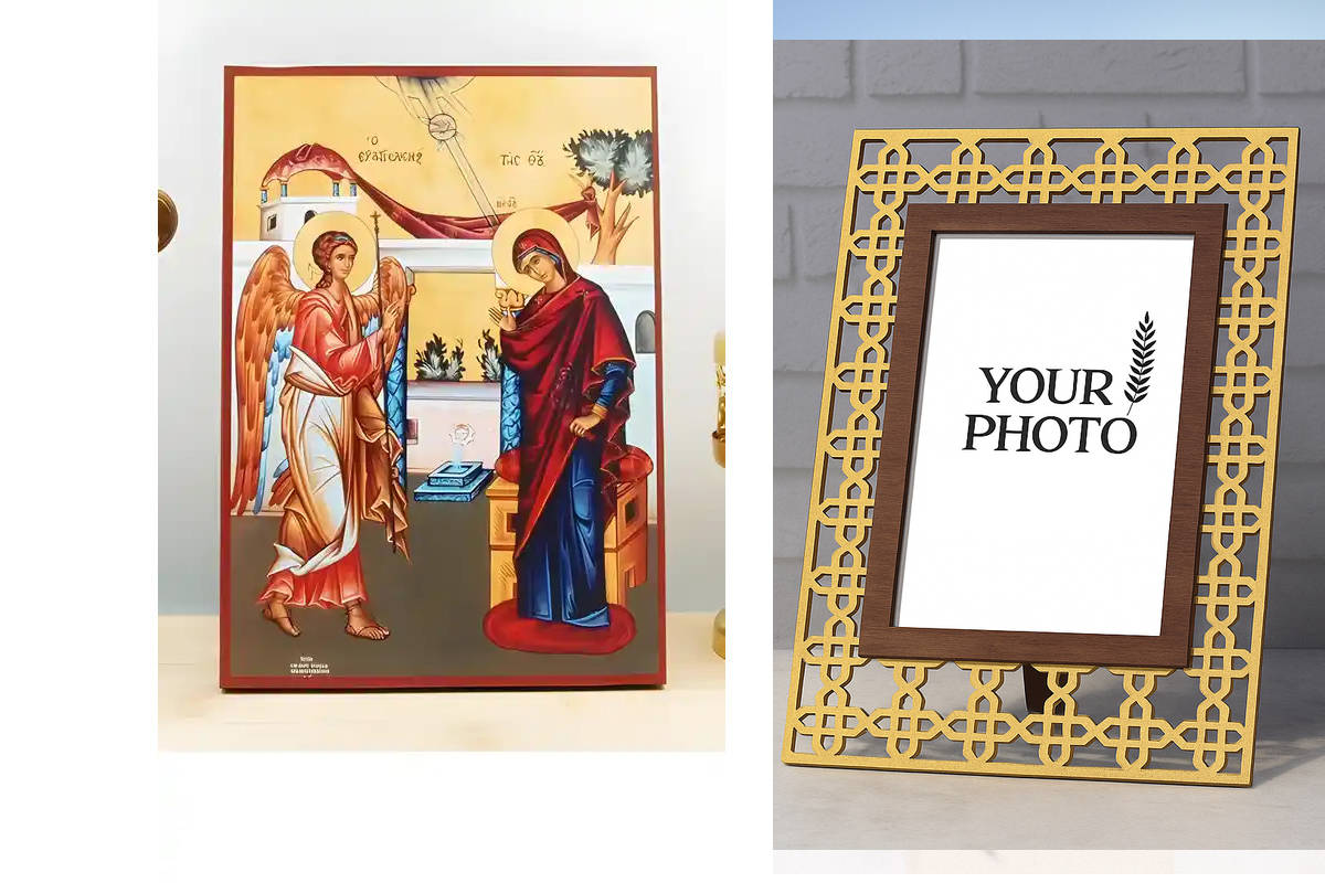 Εικόνα Ορθοδοξίας Πολυτελείας  με  σχεδιο Σταυρούς μαζι με  Βάση σε  8 χρώματα με περίγραμμα χρυσό σε ξύλο Plywood (Πλακάζ)   με  βάση Ο Ευαγγελισμός της Θεοτόκου, Ξύλινη Χειροποίητη Εικόνα Ελληνικού Premium Βυζαντινού Στυλ Κρεμαστή σε ξύλινη πλάκα Θρησκε