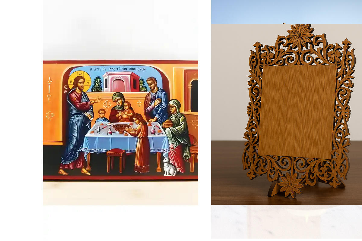 Σετ 2 τεμαχίων – Εικόνα Ορθοδοξίας Δαντέλα μαζι με  Βάση σε  8 χρώματα με περίγραμμα χρυσό σε ξύλο Plywood (Πλακάζ)   με  βάση Ο Ιησούς Χριστός Ευλογεί την Οικογένεια, Ξύλινη Χειροποίητη Εικόνα Ελληνικού Premium Βυζαντινού Στυλ Κρεμασμένο σε ξύλινη πλάκα
