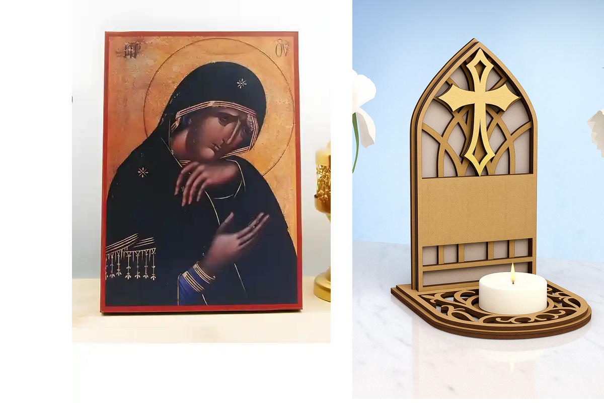 Εικόνα Ορθοδοξίας Καντηλάκι σε  8 χρώματα με περίγραμμα χρυσό σε ξύλο Plywood (Πλακάζ)   με  βάση Η Παναγία στο Θρήνο, Ξύλινη Χειροποίητη Εικόνα Ελληνικού Premium Βυζαντινού Στυλ Κρεμασμένο σε ξύλινη πλάκα Θρησκευτικό θέμα Χειροποίητη Ελληνορθόδοξη εικόνα