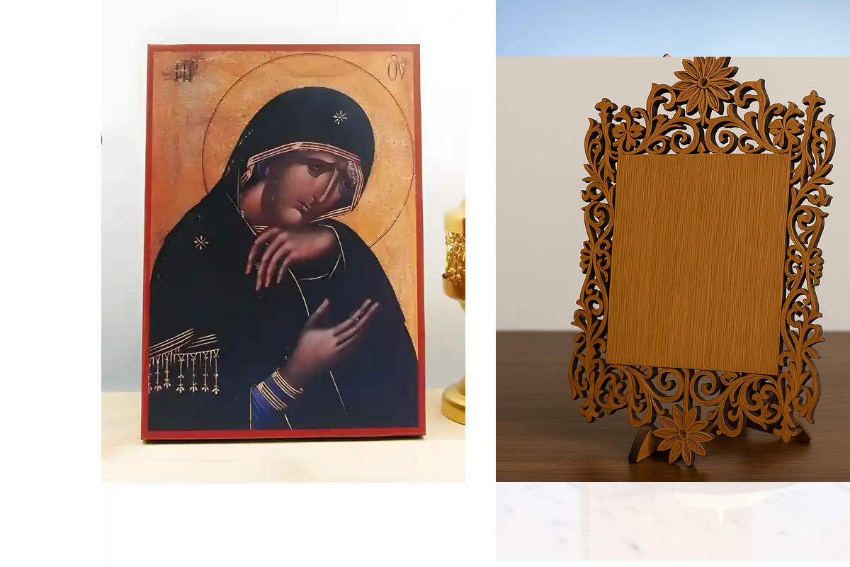 Εικόνα Ορθοδοξίας Δαντέλα μαζι με  Βάση σε  8 χρώματα με περίγραμμα χρυσό σε ξύλο Plywood (Πλακάζ)   με  βάση Η Παναγία στο Θρήνο, Ξύλινη Χειροποίητη Εικόνα Ελληνικού Premium Βυζαντινού Στυλ Κρεμασμένο σε ξύλινη πλάκα Θρησκευτικό θέμα Χειροποίητη Ελληνορθ