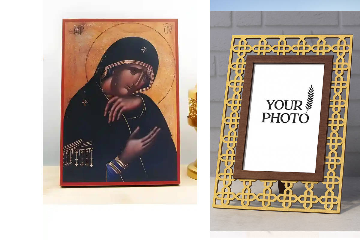 Εικόνα Ορθοδοξίας Πολυτελείας  με  σχεδιο Σταυρούς μαζι με  Βάση σε  8 χρώματα με περίγραμμα χρυσό σε ξύλο Plywood (Πλακάζ)   με  βάση Η Παναγία στο Θρήνο, Ξύλινη Χειροποίητη Εικόνα Ελληνικού Premium Βυζαντινού Στυλ Κρεμασμένο σε ξύλινη πλάκα Θρησκευτικό