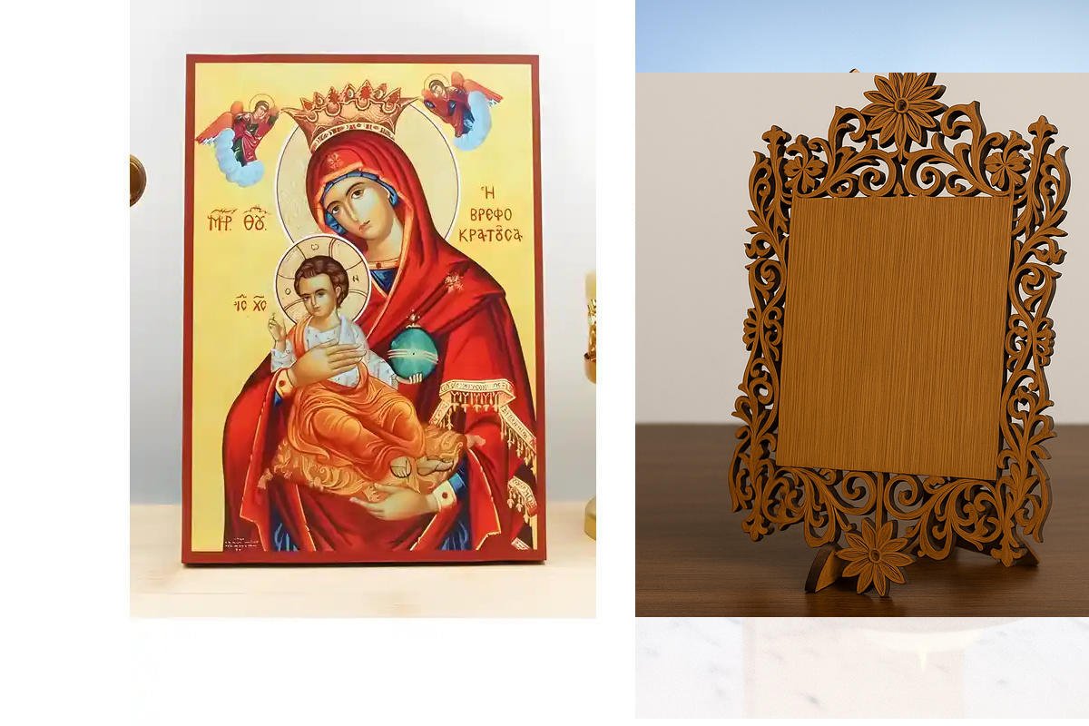 Εικόνα Ορθοδοξίας Δαντέλα μαζι με  Βάση σε  8 χρώματα με περίγραμμα χρυσό σε ξύλο Plywood (Πλακάζ)   με  βάση Η Παναγία Βρεφοκρατούσα «Βρεφοκρατούσα» με τον Ιησού, Ξύλινη Χειροποίητη Εικόνα Ελληνικής Ακριβούς Βυζαντινής τεχνοτροπίας Κρεμασμένη σε ξύλινη π