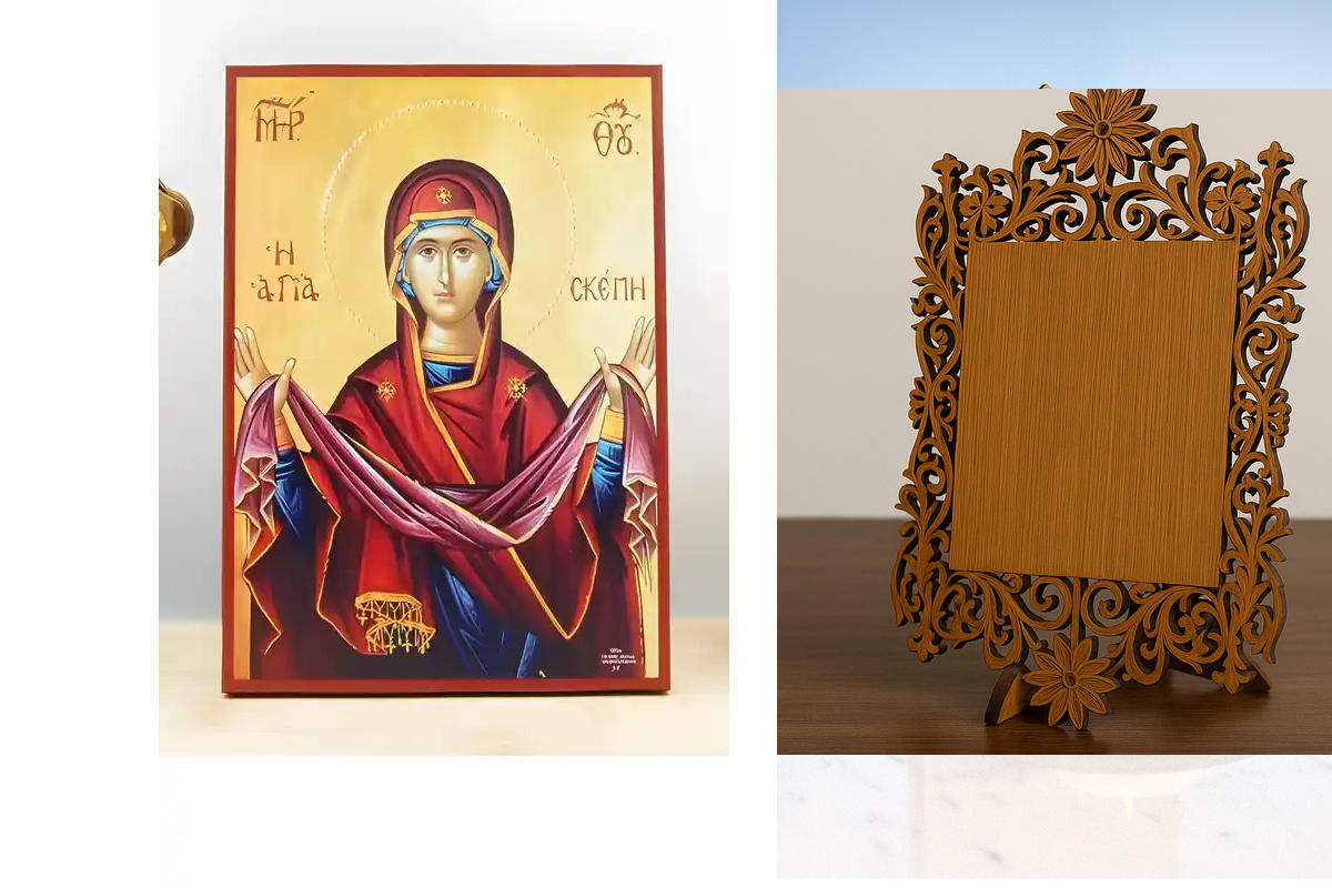 Εικόνα Ορθοδοξίας Δαντέλα μαζι με  Βάση σε  8 χρώματα με περίγραμμα χρυσό σε ξύλο Plywood (Πλακάζ)   με  βάση Παναγία Ιερά Σκήπη, Ξύλινη Χειροποίητη Εικόνα Ελληνικού Βυζαντινού Στυλ Κρεμαστή σε ξύλινη πλάκα Θρησκευτικό Θέμα Χειροποίητη Ελληνορθόδοξη εικόν