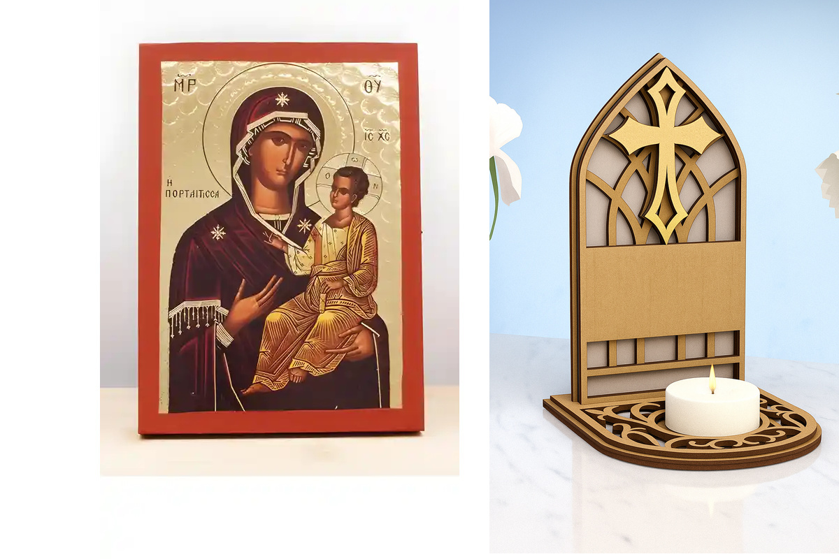 Εικόνα Ορθοδοξίας Καντηλάκι σε  8 χρώματα με περίγραμμα χρυσό σε ξύλο Plywood (Πλακάζ)   με  βάση Παναγία Οδηγήτρια με τον Ιησού, Ξύλινη Χειροποίητη Εικόνα με  ψηφιακή εκτύπωση Χαρακτικό Ελληνικού Βυζαντινού Στυλ Τοίχου Κρεμασμένο σε ξύλινη πλάκα Χειροποί