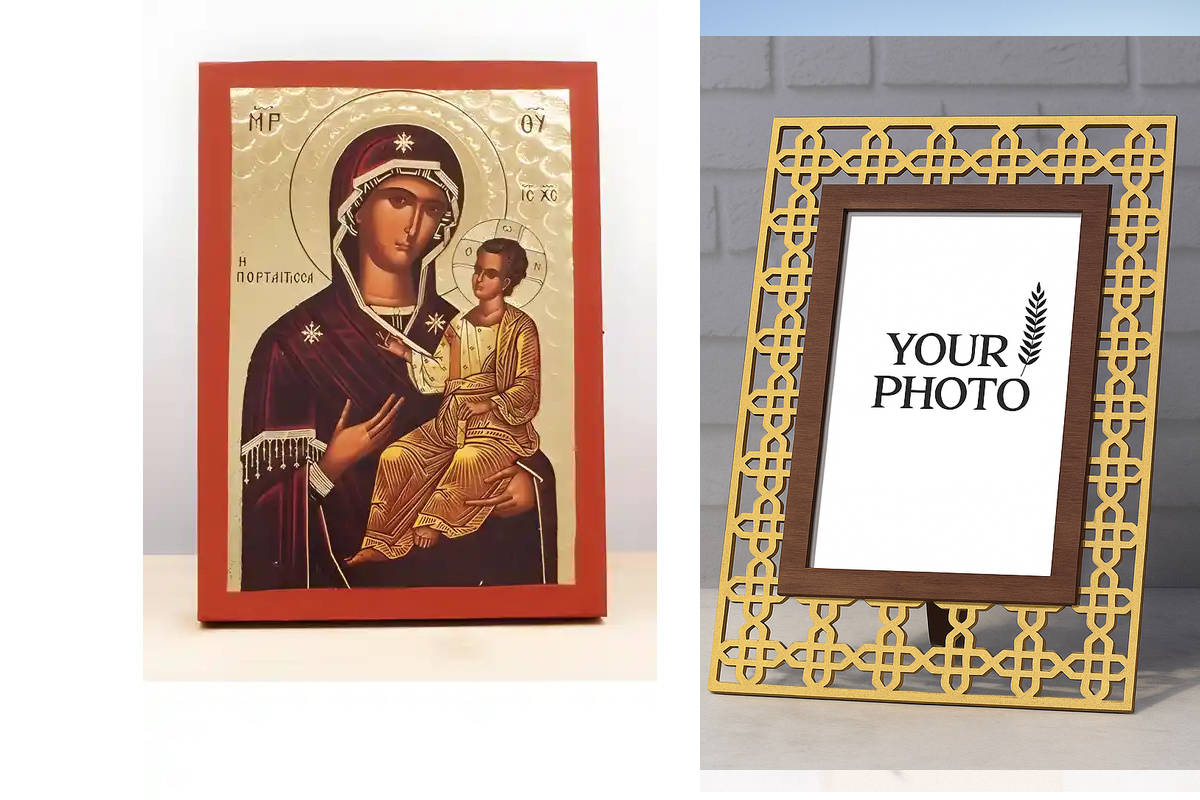 Εικόνα Ορθοδοξίας Πολυτελείας  με  σχεδιο Σταυρούς μαζι με  Βάση σε  8 χρώματα με περίγραμμα χρυσό σε ξύλο Plywood (Πλακάζ)   με  βάση Παναγία Οδηγήτρια με τον Ιησού, Ξύλινη Χειροποίητη Εικόνα με  ψηφιακή εκτύπωση Χαρακτικό Ελληνικού Βυζαντινού Στυλ Τοίχο