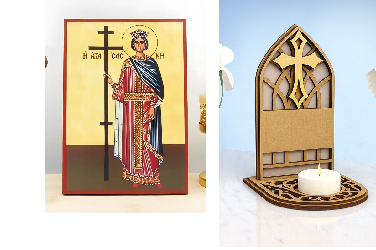 Εικόνα Ορθοδοξίας Καντηλάκι σε  8 χρώματα με περίγραμμα χρυσό σε ξύλο Plywood (Πλακάζ)   με  βάση Αγία «Ελένη» Ελένη η ορθόδοξη αυτοκράτειρα, Ξύλινη Χειροποίητη Εικόνα Ελληνικής Premium Βυζαντινής τεχνοτροπίας Κρεμασμένη σε ξύλινη πλάκα Χειροποίητη Ελληνο