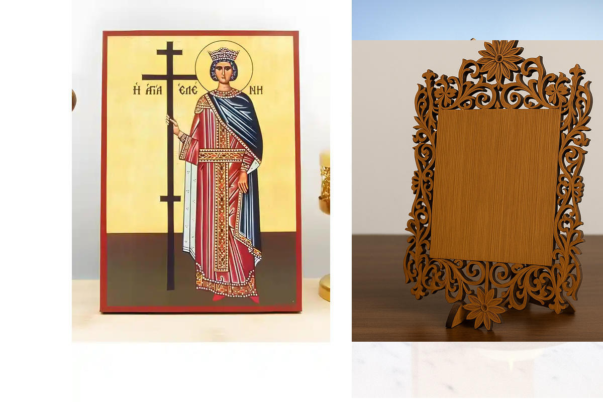 Εικόνα Ορθοδοξίας Δαντέλα μαζι με  Βάση σε  8 χρώματα με περίγραμμα χρυσό σε ξύλο Plywood (Πλακάζ)   με  βάση Αγία «Ελένη» Ελένη η ορθόδοξη αυτοκράτειρα, Ξύλινη Χειροποίητη Εικόνα Ελληνικής Premium Βυζαντινής τεχνοτροπίας Κρεμασμένη σε ξύλινη πλάκα Χειροπ