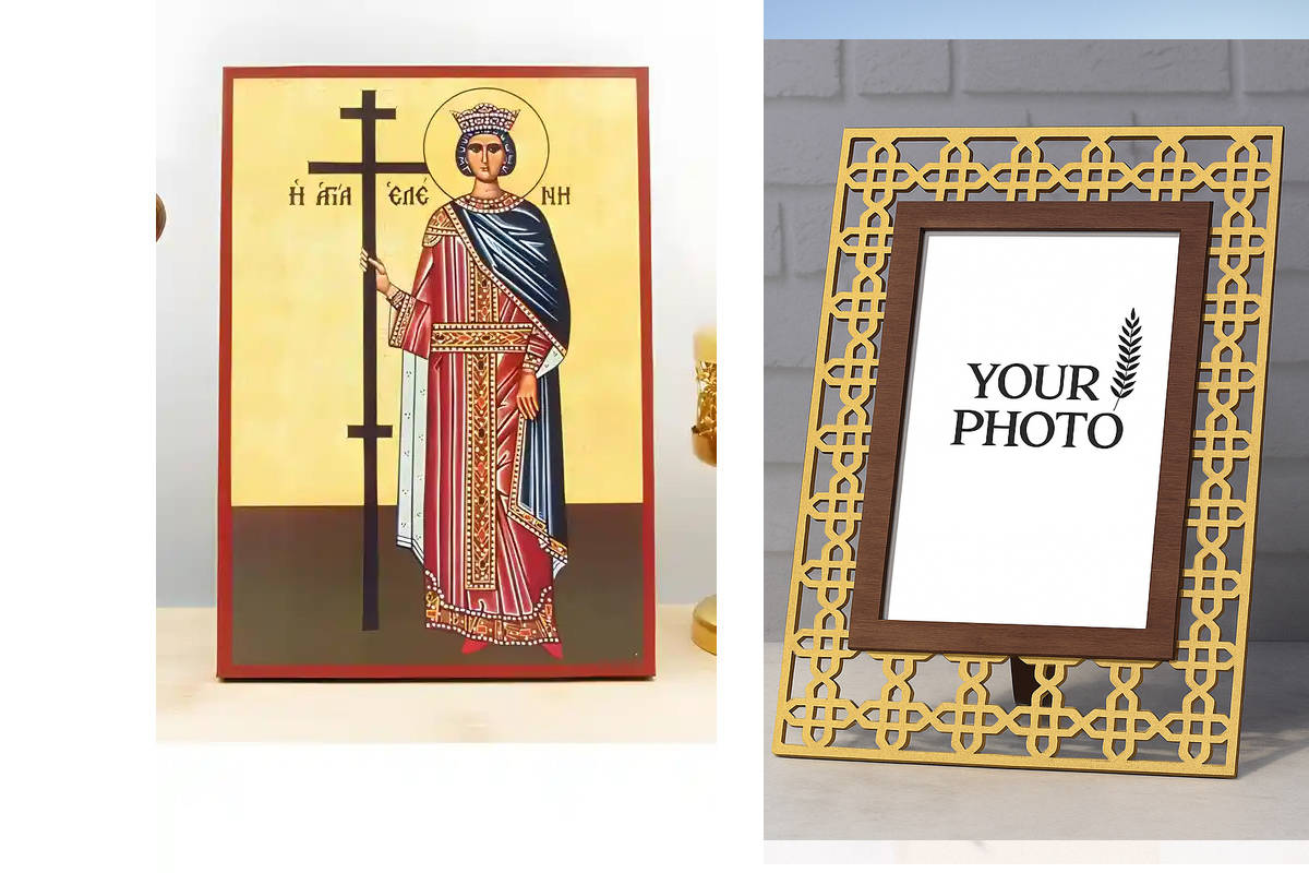 Εικόνα Ορθοδοξίας Πολυτελείας  με  σχεδιο Σταυρούς μαζι με  Βάση σε  8 χρώματα με περίγραμμα χρυσό σε ξύλο Plywood (Πλακάζ)   με  βάση Αγία «Ελένη» Ελένη η ορθόδοξη αυτοκράτειρα, Ξύλινη Χειροποίητη Εικόνα Ελληνικής Premium Βυζαντινής τεχνοτροπίας Κρεμασμέ