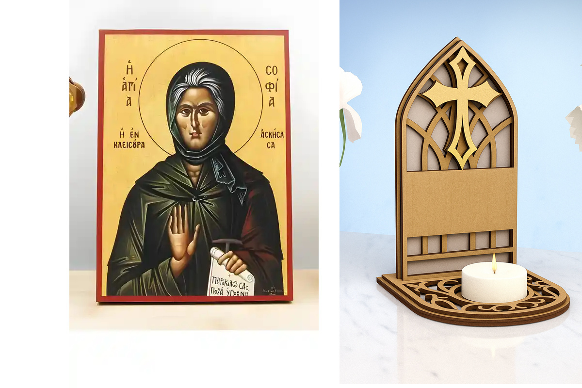 Εικόνα Ορθοδοξίας Καντηλάκι σε  8 χρώματα με περίγραμμα χρυσό σε ξύλο Plywood (Πλακάζ)   με  βάση Αγία Σοφία η Ασκήτρια της Κλεισούρας, Ξύλινη Χειροποίητη Εικόνα Ελληνικού Βυζαντινού Στυλ Κρεμασμένη σε ξύλινη πλάκα Χειροποίητη Ελληνορθόδοξη εικόνα του Ιησ