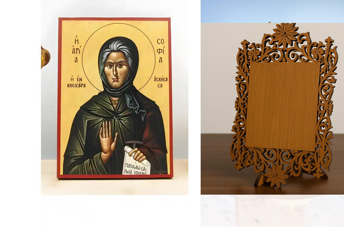 Εικόνα Ορθοδοξίας Δαντέλα μαζι με  Βάση σε  8 χρώματα με περίγραμμα χρυσό σε ξύλο Plywood (Πλακάζ)   με  βάση Αγία Σοφία η Ασκήτρια της Κλεισούρας, Ξύλινη Χειροποίητη Εικόνα Ελληνικού Βυζαντινού Στυλ Κρεμασμένη σε ξύλινη πλάκα Χειροποίητη Ελληνορθόδοξη ει