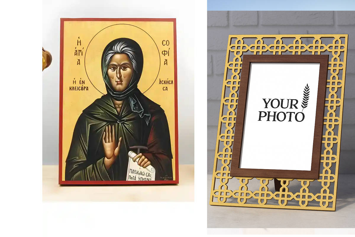 Εικόνα Ορθοδοξίας Πολυτελείας  με  σχεδιο Σταυρούς μαζι με  Βάση σε  8 χρώματα με περίγραμμα χρυσό σε ξύλο Plywood (Πλακάζ)   με  βάση Αγία Σοφία η Ασκήτρια της Κλεισούρας, Ξύλινη Χειροποίητη Εικόνα Ελληνικού Βυζαντινού Στυλ Κρεμασμένη σε ξύλινη πλάκα Χει