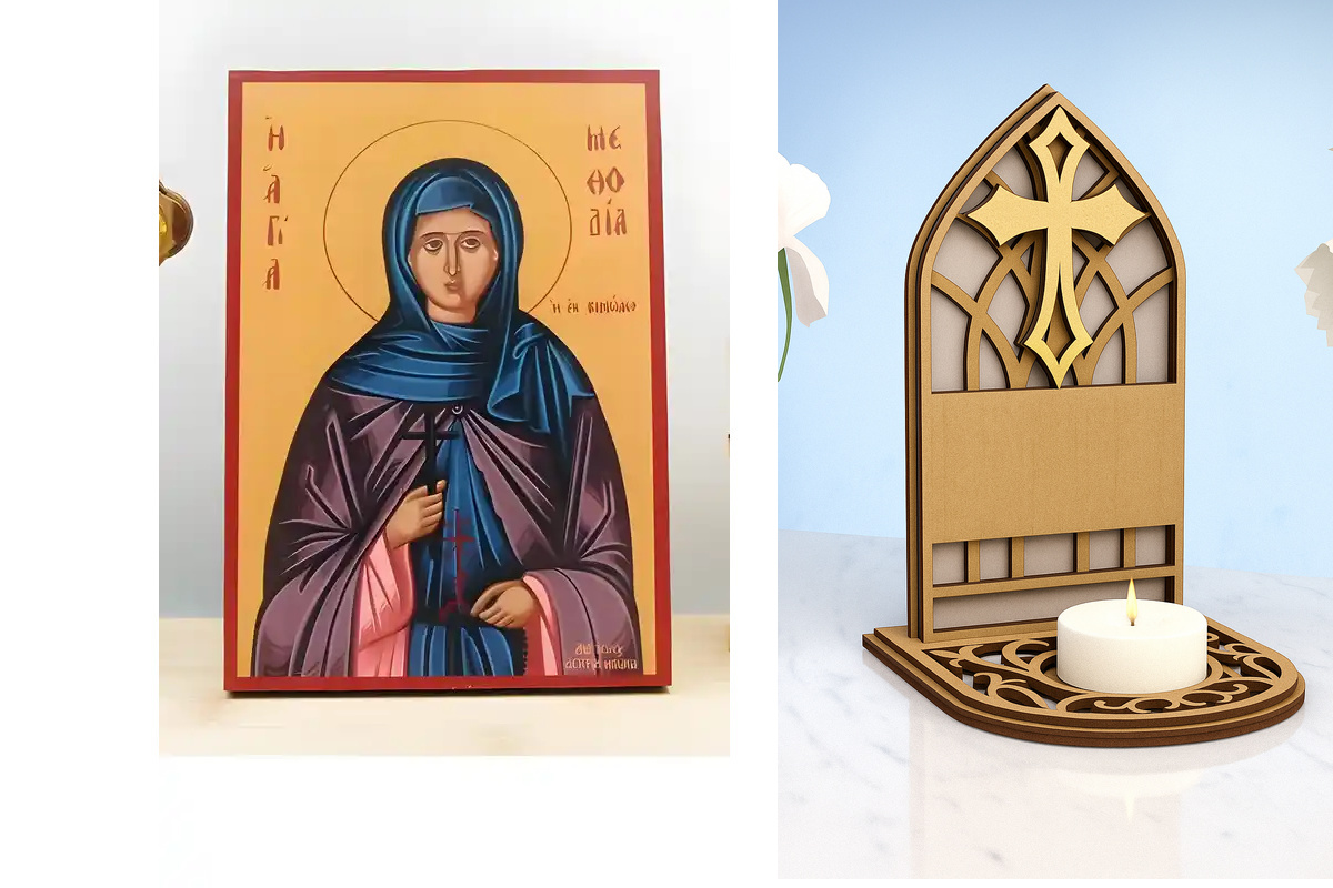Εικόνα Ορθοδοξίας Καντηλάκι σε  8 χρώματα με περίγραμμα χρυσό σε ξύλο Plywood (Πλακάζ)   με  βάση Αγία Μεθοδία Κιμώλου, Ξύλινη Χειροποίητη Εικόνα Ελληνικού Βυζαντινού Στυλ Κρεμαστή σε ξύλινη πλάκα Χειροποίητη Ελληνορθόδοξη εικόνα του Ιησού Χριστού, Κρεμασ