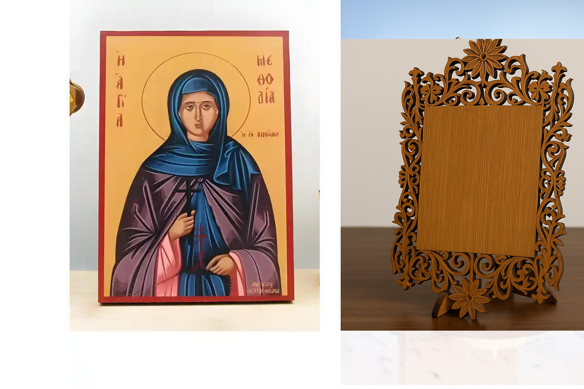 Εικόνα Ορθοδοξίας Δαντέλα μαζι με  Βάση σε  8 χρώματα με περίγραμμα χρυσό σε ξύλο Plywood (Πλακάζ)   με  βάση Αγία Μεθοδία Κιμώλου, Ξύλινη Χειροποίητη Εικόνα Ελληνικού Βυζαντινού Στυλ Κρεμαστή σε ξύλινη πλάκα Χειροποίητη Ελληνορθόδοξη εικόνα του Ιησού Χρι