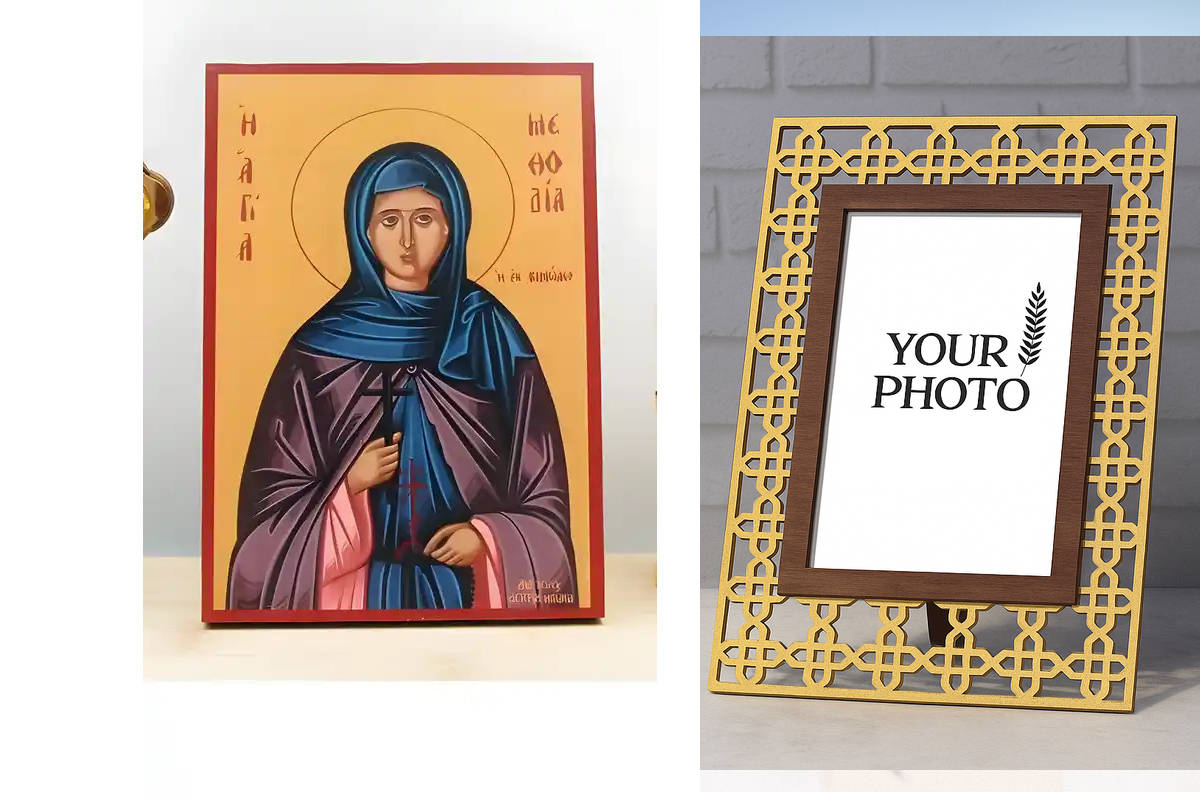 Εικόνα Ορθοδοξίας Πολυτελείας  με  σχεδιο Σταυρούς μαζι με  Βάση σε  8 χρώματα με περίγραμμα χρυσό σε ξύλο Plywood (Πλακάζ)   με  βάση Αγία Μεθοδία Κιμώλου, Ξύλινη Χειροποίητη Εικόνα Ελληνικού Βυζαντινού Στυλ Κρεμαστή σε ξύλινη πλάκα Χειροποίητη Ελληνορθό