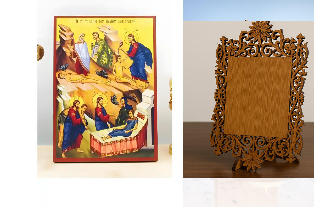 Σετ 2 τεμαχίων – Εικόνα Ορθοδοξίας Δαντέλα μαζι με  Βάση σε  8 χρώματα με περίγραμμα χρυσό σε ξύλο Plywood (Πλακάζ)   με  βάση Ιησούς Χριστός Παραβολή του Καλού Σαμαρείτη, Ξύλινη Χειροποίητη Εικόνα Ελληνικού Premium Βυζαντινού Στυλ Κρεμασμένο σε ξύλινη πλ
