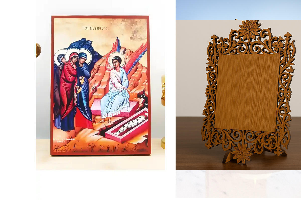 Σετ 2 τεμαχίων – Εικόνα Ορθοδοξίας Δαντέλα μαζι με  Βάση σε  8 χρώματα με περίγραμμα χρυσό σε ξύλο Plywood (Πλακάζ)   με  βάση Μυροφόρα, Ξύλινη Χειροποίητη Εικόνα Ελληνικού Premium Βυζαντινού Στυλ Κρεμασμένο σε ξύλινη πλάκα Ορθόδοξο Θρησκευτικό Θέμα Χειρο