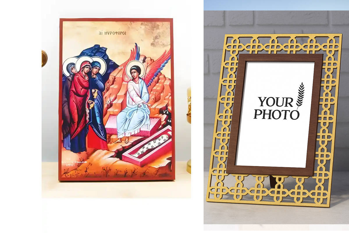 Εικόνα Ορθοδοξίας Πολυτελείας  με  σχεδιο Σταυρούς μαζι με  Βάση σε  8 χρώματα με περίγραμμα χρυσό σε ξύλο Plywood (Πλακάζ)   με  βάση Μυροφόρα, Ξύλινη Χειροποίητη Εικόνα Ελληνικού Premium Βυζαντινού Στυλ Κρεμασμένο σε ξύλινη πλάκα Ορθόδοξο Θρησκευτικό Θέ