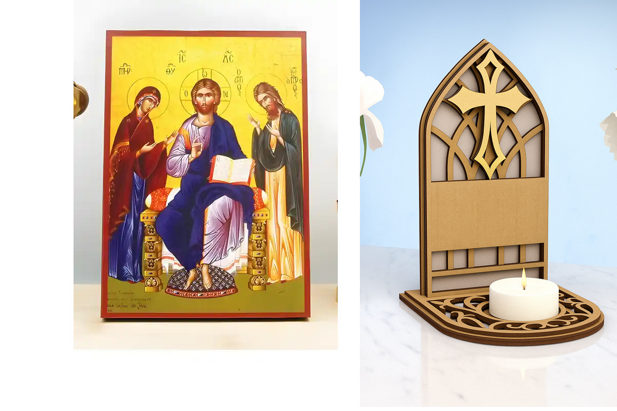 Σετ 2 τεμαχίων – Εικόνα Ορθοδοξίας Καντηλάκι σε  8 χρώματα με περίγραμμα χρυσό σε ξύλο Plywood (Πλακάζ)   με  βάση Jesus Christ Small Deesis, Ξύλινη Χειροποίητη Εικόνα Ελληνικού Premium Βυζαντινού Στυλ Κρεμαστή σε ξύλινη πλάκα Θρησκευτικό θέμα Χειροποίητη