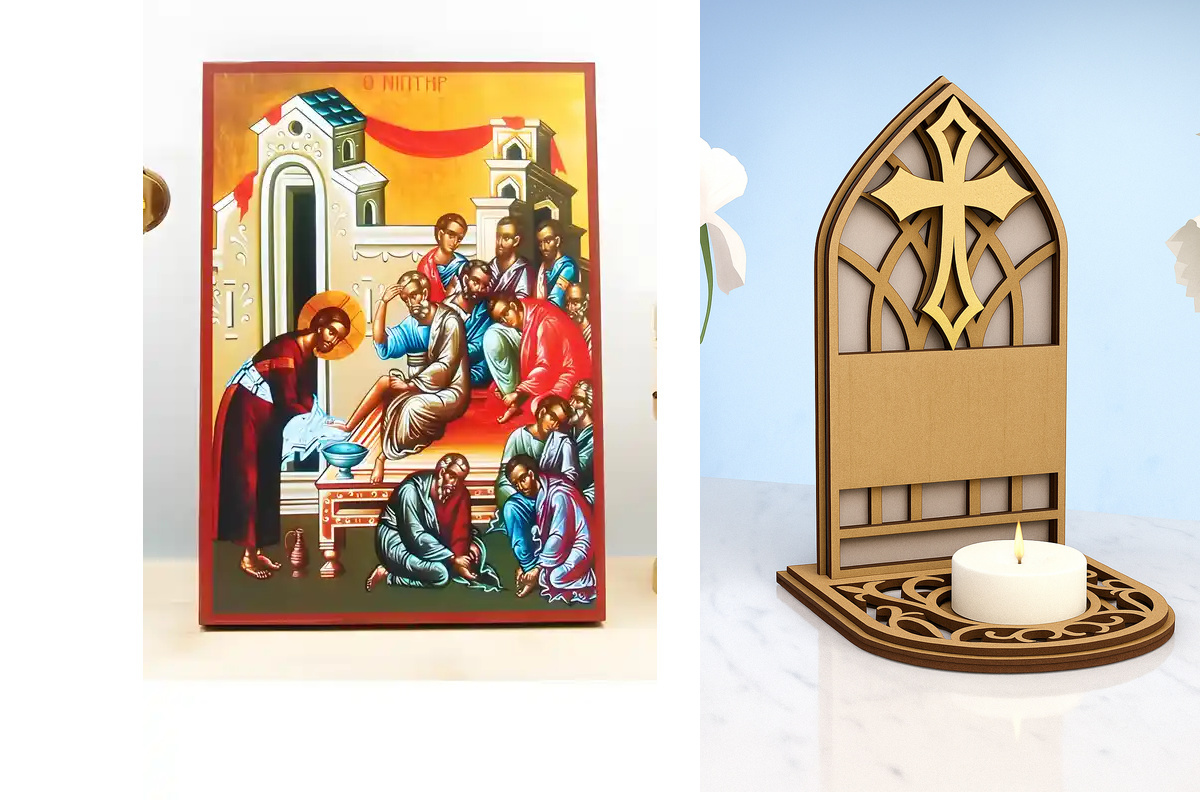 Εικόνα Ορθοδοξίας Καντηλάκι σε  8 χρώματα με περίγραμμα χρυσό σε ξύλο Plywood (Πλακάζ)   με  βάση The Washbowl, Ιησούς Χριστός που πλένει τα πόδια των Αποστόλων, Ξύλινη Χειροποίητη Εικόνα Ελληνικού Premium Βυζαντινού Στυλ τοίχου Κρεμασμένη σε ξύλινη πλάκα