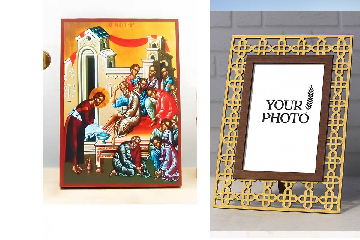 Εικόνα Ορθοδοξίας Πολυτελείας  με  σχεδιο Σταυρούς μαζι με  Βάση σε  8 χρώματα με περίγραμμα χρυσό σε ξύλο Plywood (Πλακάζ)   με  βάση The Washbowl, Ιησούς Χριστός που πλένει τα πόδια των Αποστόλων, Ξύλινη Χειροποίητη Εικόνα Ελληνικού Premium Βυζαντινού Σ