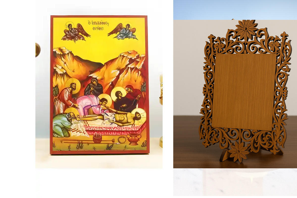 Εικόνα Ορθοδοξίας Δαντέλα μαζι με  Βάση σε  8 χρώματα με περίγραμμα χρυσό σε ξύλο Plywood (Πλακάζ)   με  βάση Ιησούς Χριστός Θρενωδία στον τάφο "Επιτάφιος Θρήνος", Ξύλινη Χειροποίητη Εικόνα Ελληνικού Βυζαντινού Στυλ Κρεμαστή σε ξύλινη πλάκα Χειροποίητη Ελ