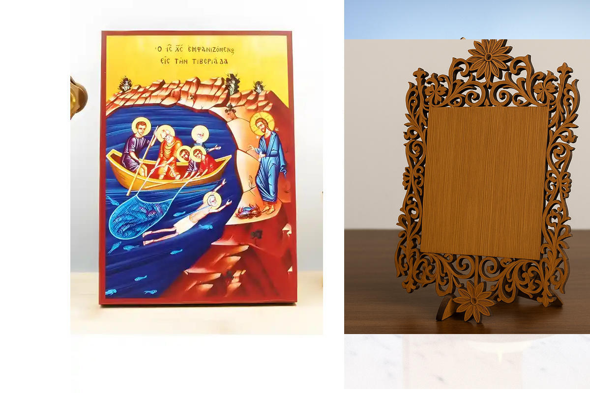 Εικόνα Ορθοδοξίας Δαντέλα μαζι με  Βάση σε  8 χρώματα με περίγραμμα χρυσό σε ξύλο Plywood (Πλακάζ)   με  βάση Η εμφάνιση του Ιησού Χριστού στους Αποστόλους δίπλα στη Θάλασσα της Τιβεριάδας, Ξύλινη Χειροποίητη Εικόνα Ελληνικής Βυζαντινής Στυλ Κρεμαστή Χειρ