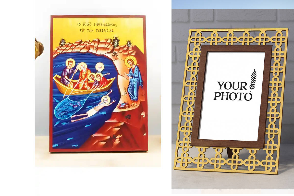 Εικόνα Ορθοδοξίας Πολυτελείας  με  σχεδιο Σταυρούς μαζι με  Βάση σε  8 χρώματα με περίγραμμα χρυσό σε ξύλο Plywood (Πλακάζ)   με  βάση Η εμφάνιση του Ιησού Χριστού στους Αποστόλους δίπλα στη Θάλασσα της Τιβεριάδας, Ξύλινη Χειροποίητη Εικόνα Ελληνικής Βυζα