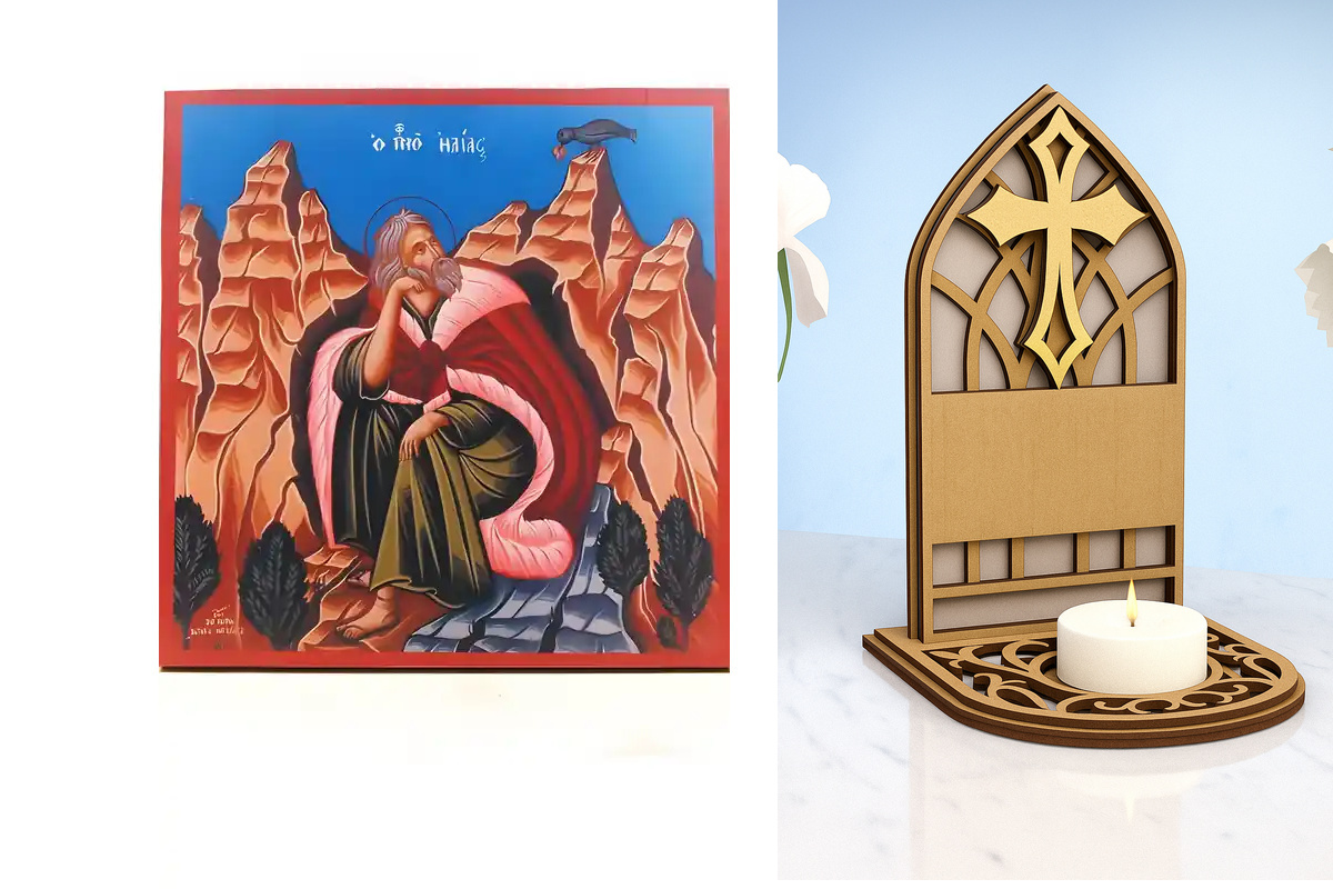 Εικόνα Ορθοδοξίας Καντηλάκι σε  8 χρώματα με περίγραμμα χρυσό σε ξύλο Plywood (Πλακάζ)   με  βάση Άγιος Προφήτης Ηλίας ή Ηλίας Ηλίας στο όρος Χωρήβ, Ξύλινη Χειροποίητη Εικόνα Ελληνικού Βυζαντινού Στυλ τοίχου Αναρτημένη σε Ξυλόπλακα Θρησκευτικό Χειροποίητη