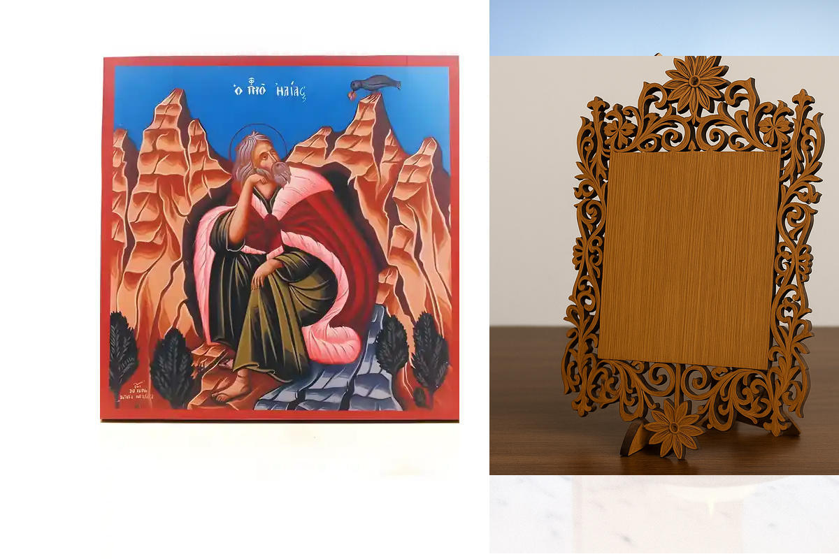 Εικόνα Ορθοδοξίας Δαντέλα μαζι με  Βάση σε  8 χρώματα με περίγραμμα χρυσό σε ξύλο Plywood (Πλακάζ)   με  βάση Άγιος Προφήτης Ηλίας ή Ηλίας Ηλίας στο όρος Χωρήβ, Ξύλινη Χειροποίητη Εικόνα Ελληνικού Βυζαντινού Στυλ τοίχου Αναρτημένη σε Ξυλόπλακα Θρησκευτικό