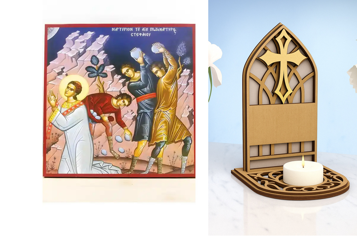 Εικόνα Ορθοδοξίας Καντηλάκι σε  8 χρώματα με περίγραμμα χρυσό σε ξύλο Plywood (Πλακάζ)   με  βάση Μαρτύριο του Αγίου Στεφάνου, Ξύλινη Χειροποίητη Εικόνα Ελληνικής Premium Βυζαντινού Στυλ Κρεμαστή σε Ξυλόπλακα Θρησκευτικό Θέμα Χειροποίητη Ελληνορθόδοξη εικ